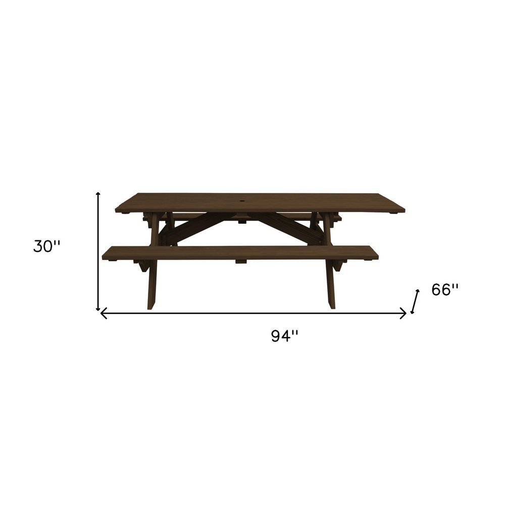 94" Dark Brown Solid Wood Outdoor Picnic Table with Umbrella Hole HomeRoots