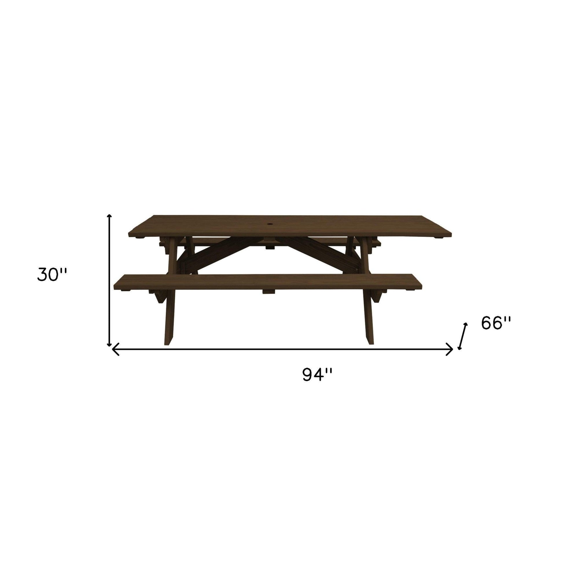 94" Dark Brown Solid Wood Outdoor Picnic Table with Umbrella Hole - FurniFindUSA