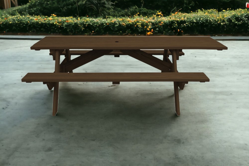 94" Dark Brown Solid Wood Outdoor Picnic Table with Umbrella Hole HomeRoots
