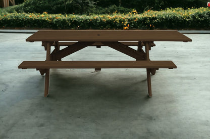 94" Dark Brown Solid Wood Outdoor Picnic Table with Umbrella Hole HomeRoots