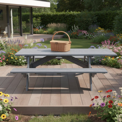 Gray Solid Wood Outdoor Picnic Table Umbrella Hole HomeRoots