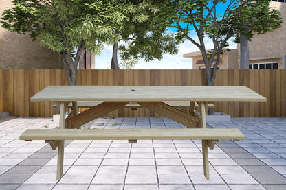 Beige Solid Wood Outdoor Picnic Table Umbrella Hole HomeRoots