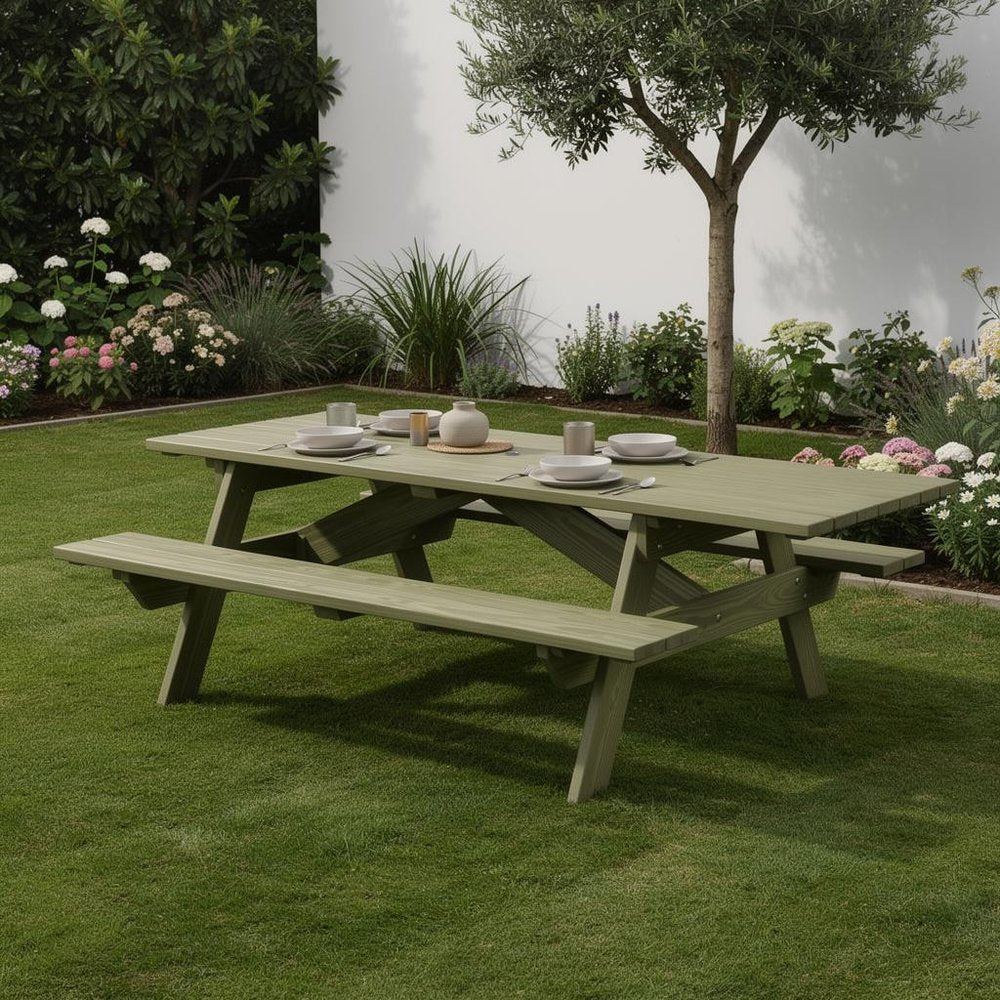 Green Solid Wood Outdoor Picnic Table Umbrella Hole HomeRoots