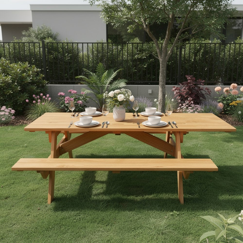 Natural Solid Wood Outdoor Picnic Table Umbrella Hole HomeRoots