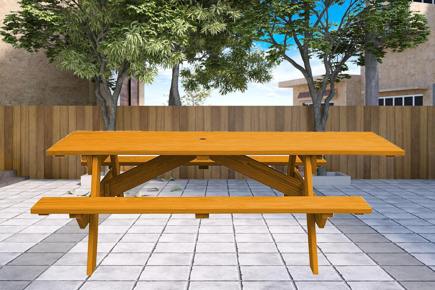 Natural Solid Wood Outdoor Picnic Table Umbrella Hole - FurniFindUSA