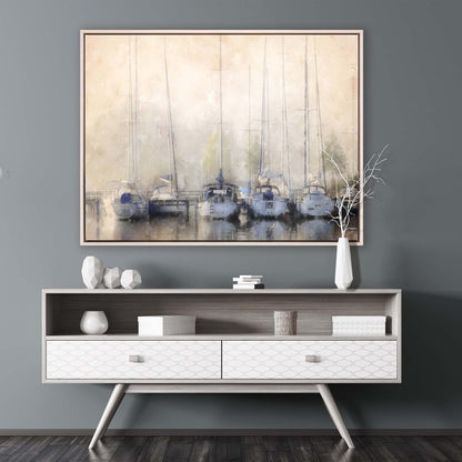 Sailboats in Fog White Floater Frame Print Wall Art