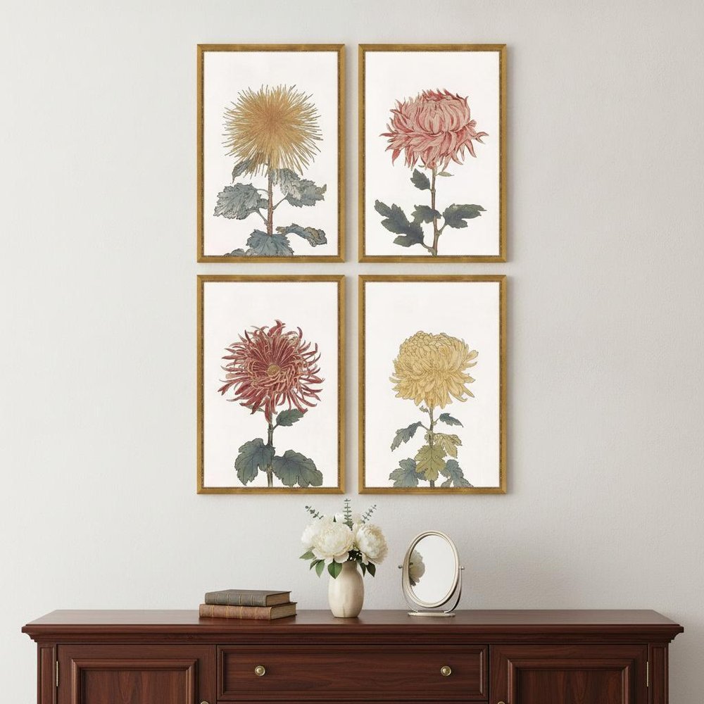 Set Of Four Chrysanthemum Gold Framed Print Wall Art — view 4