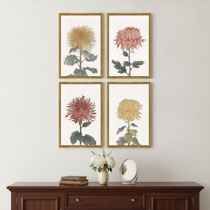 Set Of Four Chrysanthemum Gold Framed Print Wall Art