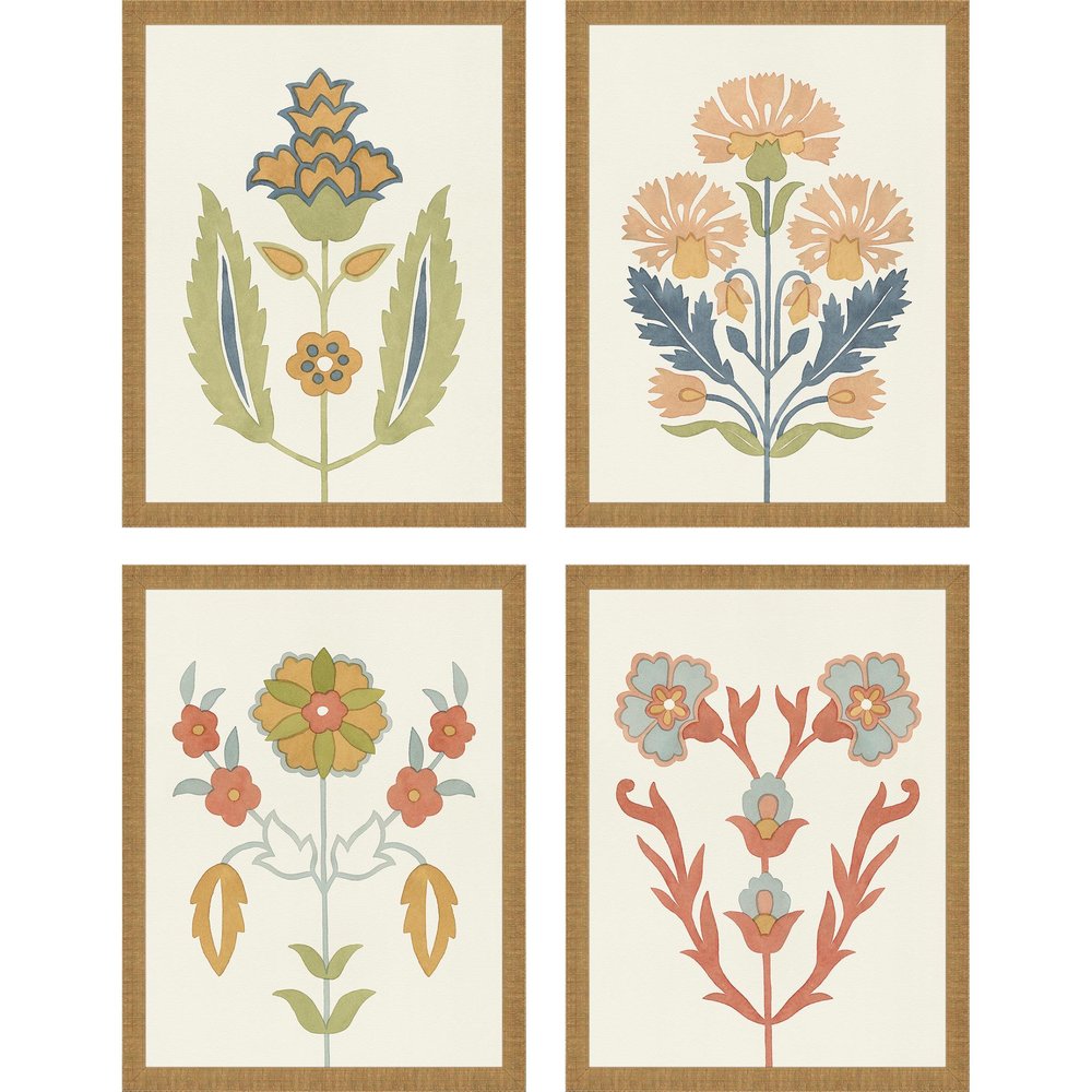 Set Of Four Folk Flourish Gold Framed Print Wall Art — view 1