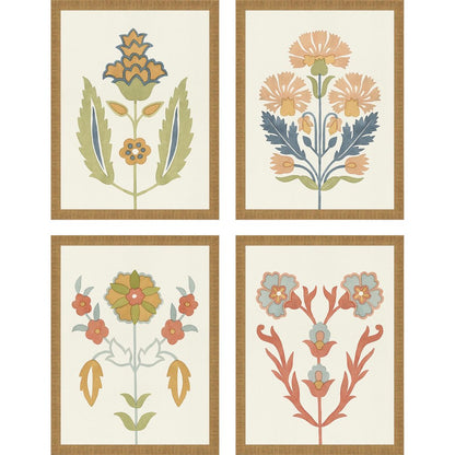 Set Of Four Folk Flourish Gold Framed Print Wall Art