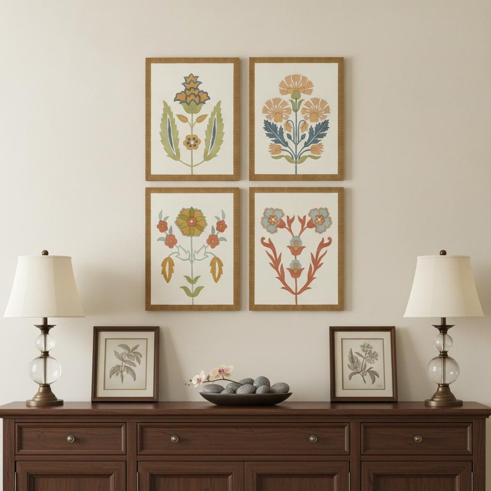 Set Of Four Folk Flourish Gold Framed Print Wall Art