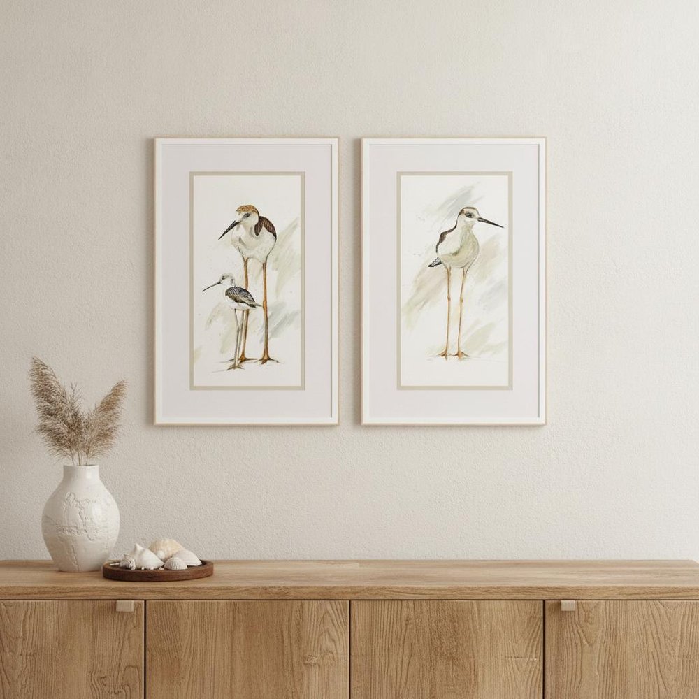 Set Of Two Stilt Birds White Framed Print Wall Art