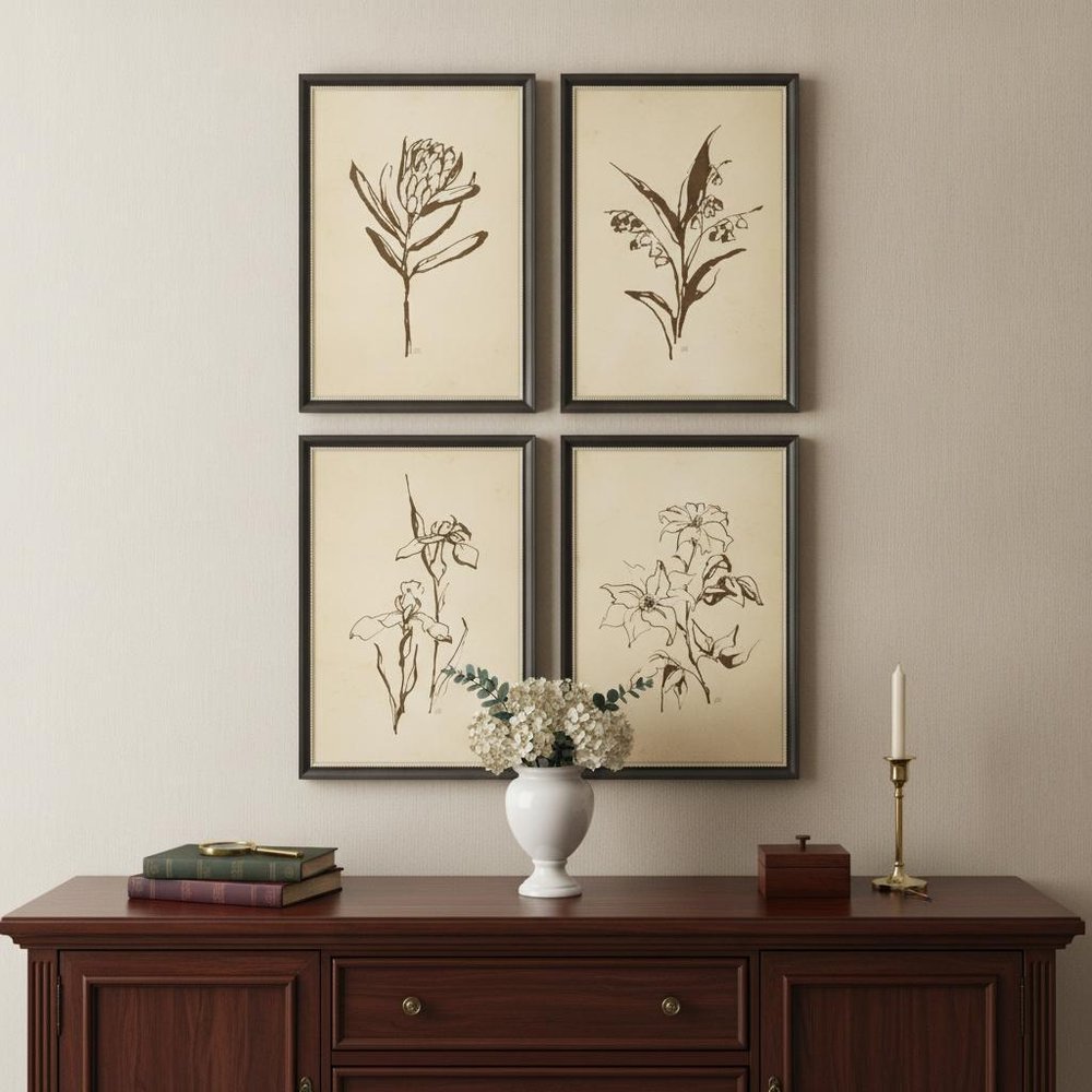 Set Of Four Vintage Line Black Framed Print Wall Art