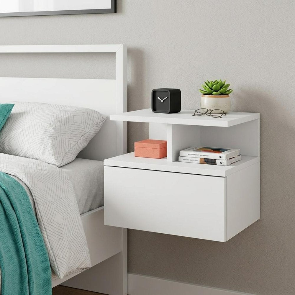 14" White Wood One Drawer Floating Nightstand HomeRoots