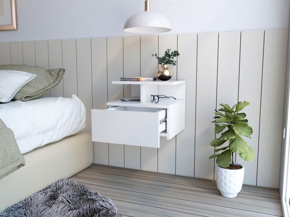14" White Wood One Drawer Floating Nightstand