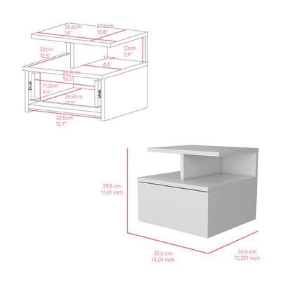 14" White Wood One Drawer Floating Nightstand