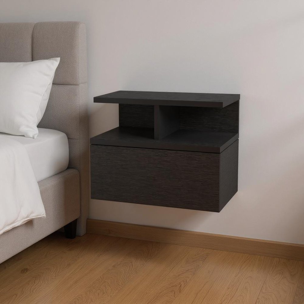 14" Black Wood One Drawer Floating Nightstand HomeRoots