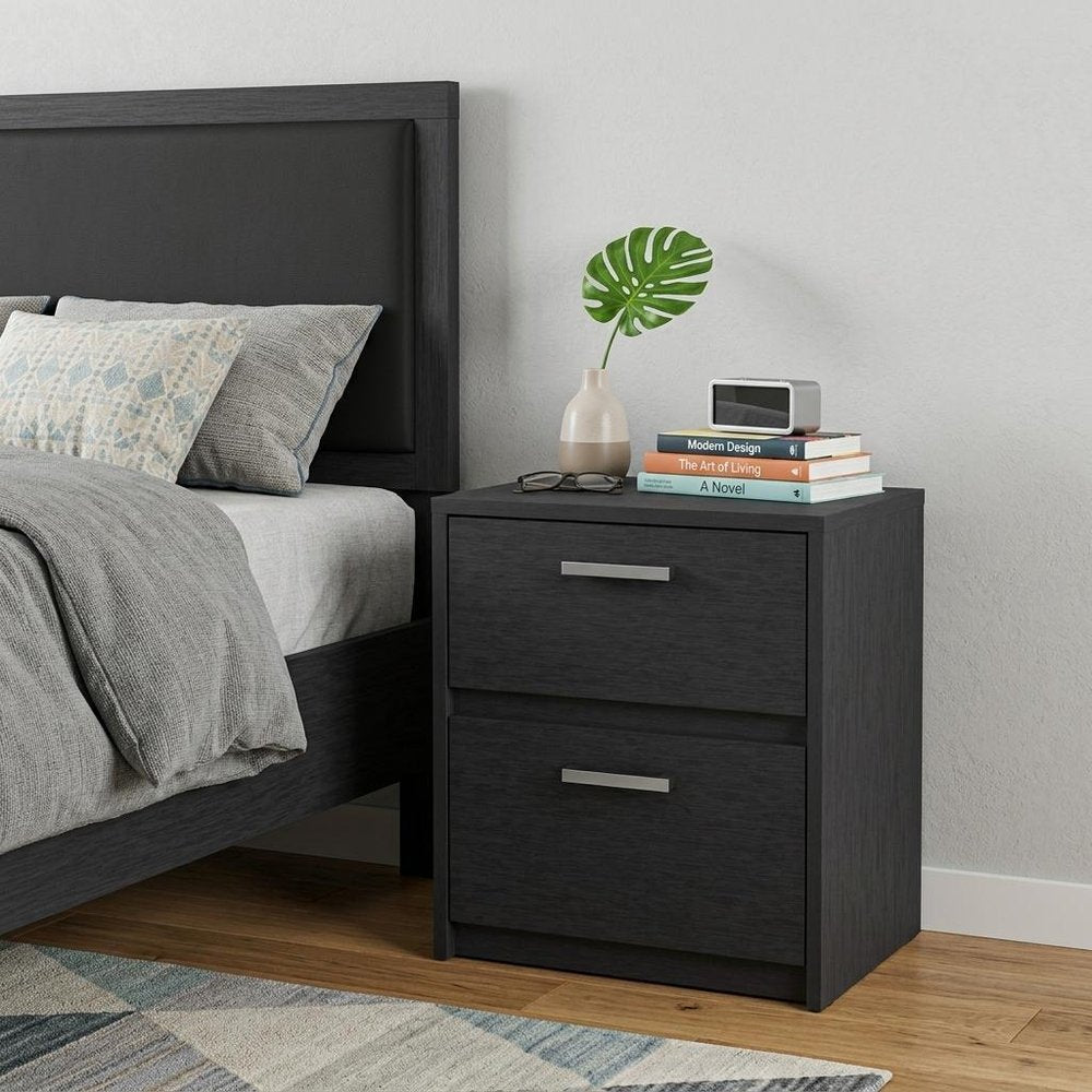 19" Black Wood Two Drawer Nightstand HomeRoots