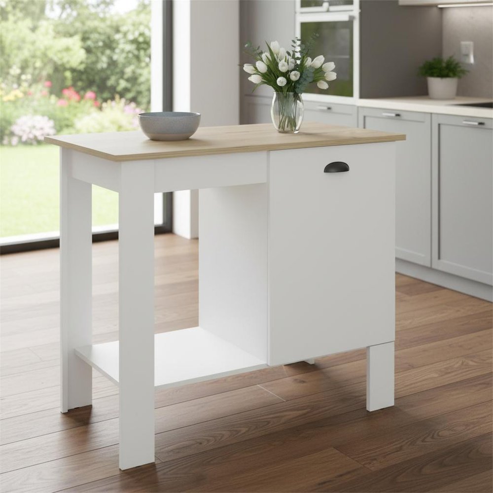 White and Natural 35" Kitchen Island With Storage HomeRoots