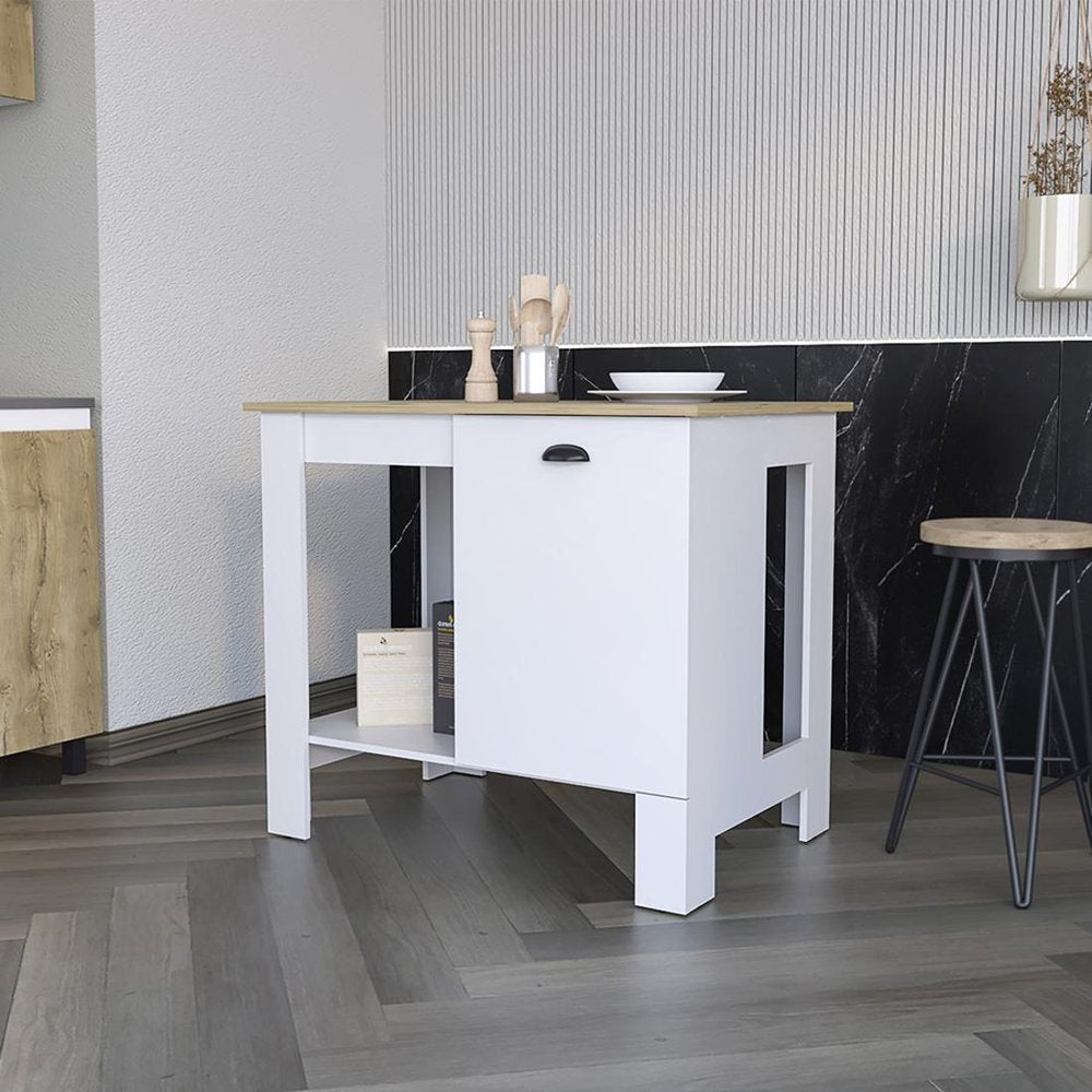 White and Natural 35" Kitchen Island With Storage HomeRoots