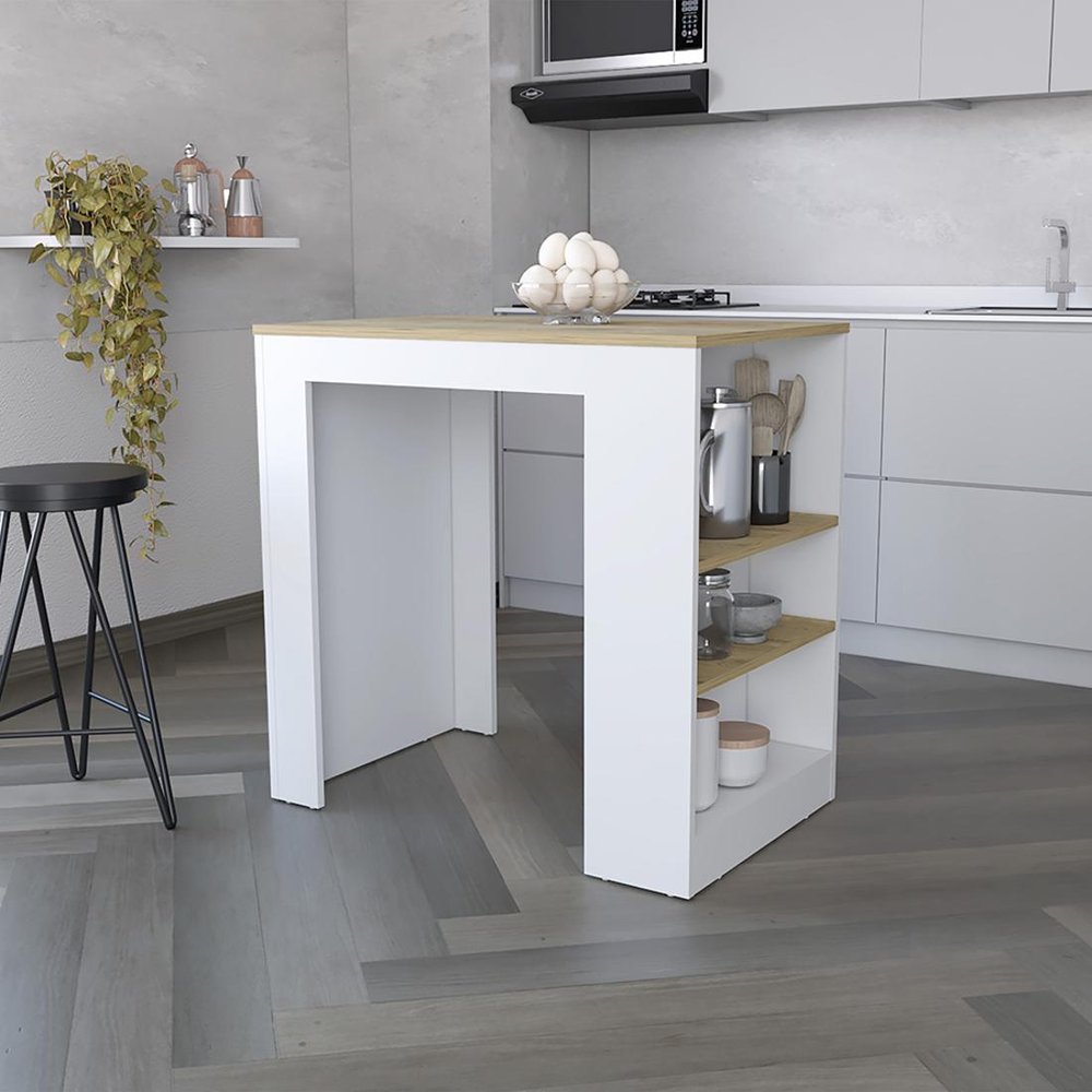 36" Oak and White Wood Kitchen Island With Storage HomeRoots