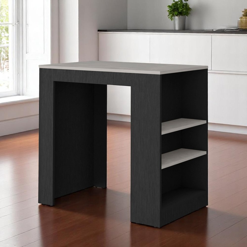 36" Gray and Black Faux Marble and Wood Kitchen Island With Storage HomeRoots