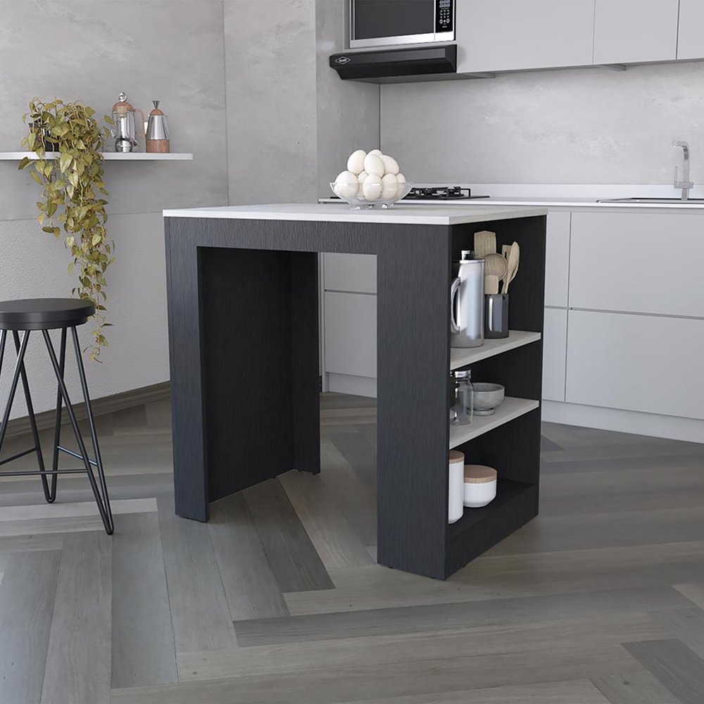 36" Gray and Black Faux Marble and Wood Kitchen Island With Storage HomeRoots