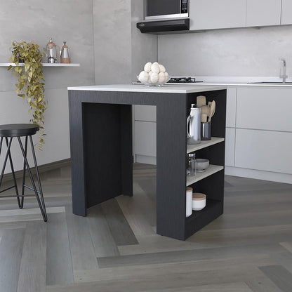 36" Gray and Black Faux Marble and Wood Kitchen Island With Storage HomeRoots