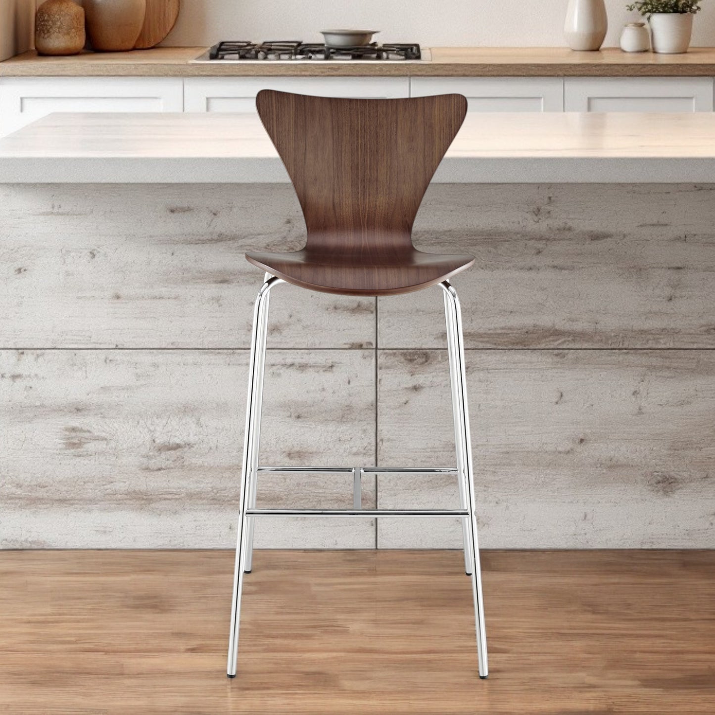 30" Brown And Silver Metallic Stainless Steel Bar Chair