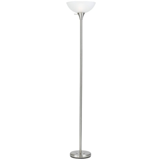 70" Nickel Metal Torchiere Floor Lamp With White Glass Dome Shade HomeRoots
