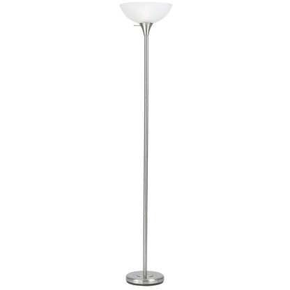 70" Nickel Metal Torchiere Floor Lamp With White Glass Dome Shade HomeRoots