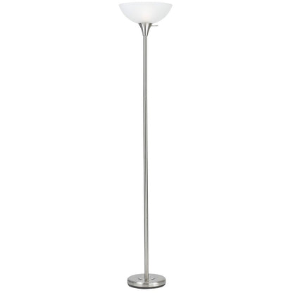 70" Nickel Metal Torchiere Floor Lamp With White Glass Dome Shade HomeRoots