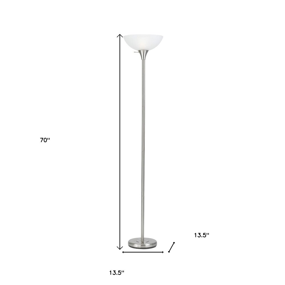 70" Nickel Metal Torchiere Floor Lamp With White Glass Dome Shade HomeRoots