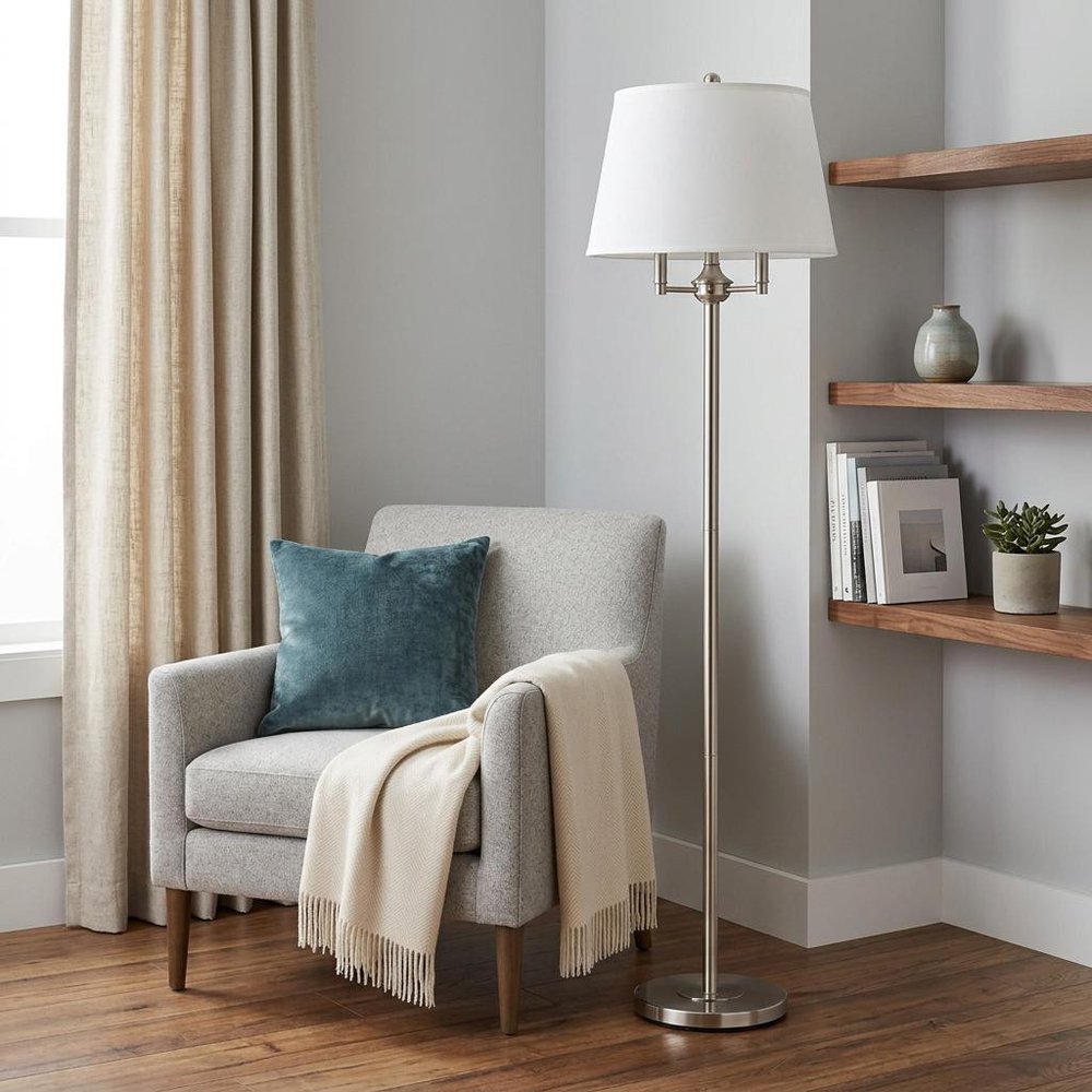62" Nickel Four Light Traditional Shaped Floor Lamp With White Square Shade HomeRoots