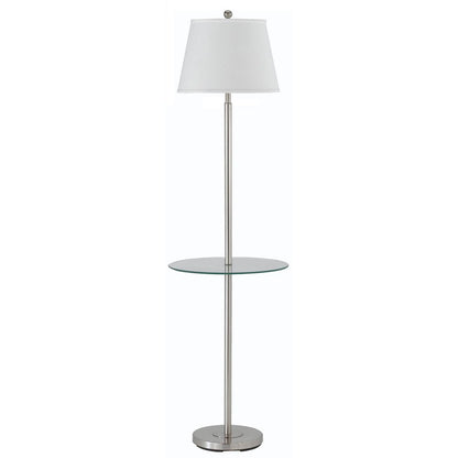 60" Nickel Metal Tray Table Floor Lamp With White Fabric Square Shade HomeRoots