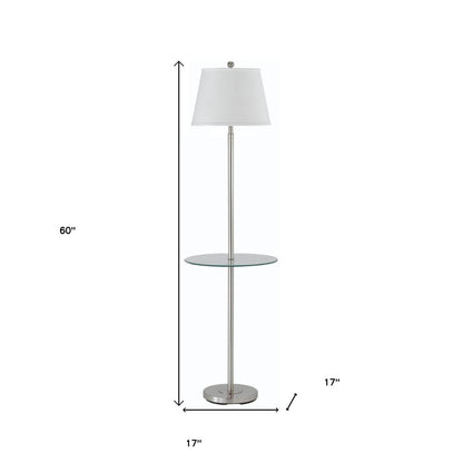 60" Nickel Metal Tray Table Floor Lamp With White Fabric Square Shade HomeRoots