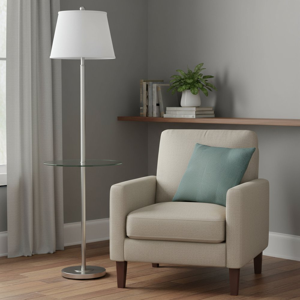 60" Nickel Metal Tray Table Floor Lamp With White Fabric Square Shade — view 6