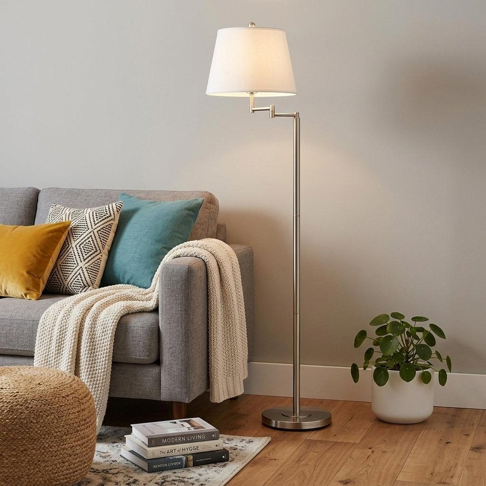 60" Nickel Swing Arm Floor Lamp With White Square Shade HomeRoots