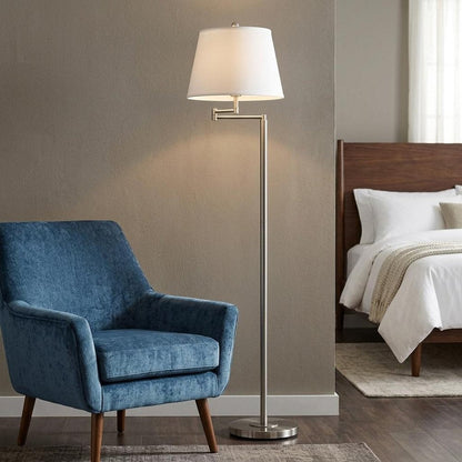 60" Nickel Swing Arm Floor Lamp With White Square Shade HomeRoots