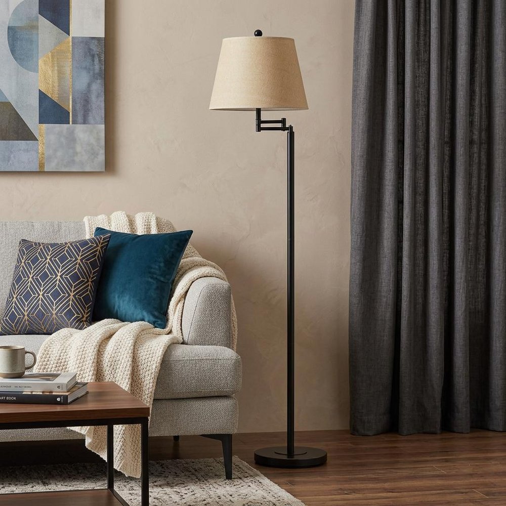 60" Bronze Swing Arm Floor Lamp With White Square Shade HomeRoots