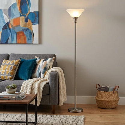 71" Nickel Torchiere Floor Lamp With Clear Frosted Glass Dome Shade HomeRoots