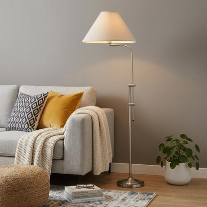 68" Nickel Adjustable Floor Lamp With White Fabric Empire Shade HomeRoots