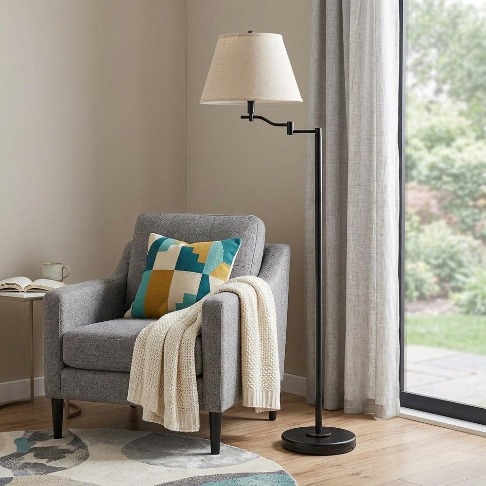 60" Bronze Swing Arm Floor Lamp With Beige Fabric Empire Shade HomeRoots