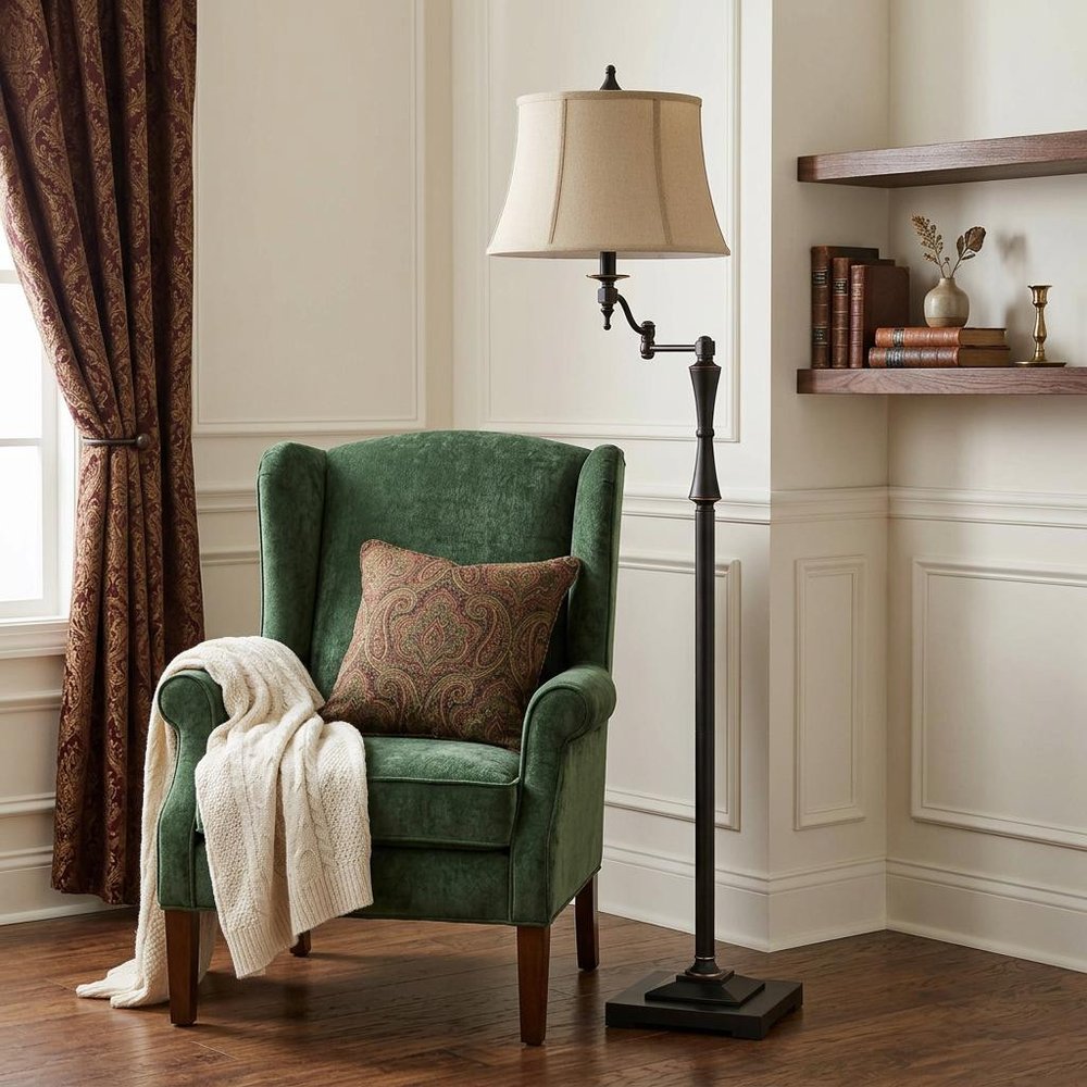 61" Bronze Swing Arm Floor Lamp With Brown Square Shade HomeRoots
