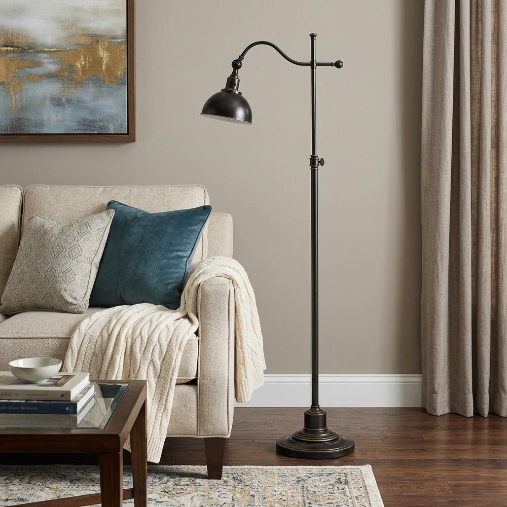 60" Bronze Adjustable Traditional Shaped Floor Lamp With Black Dome Shade HomeRoots