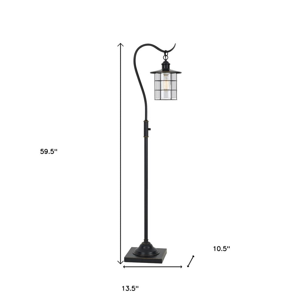 60" Antiqued Bronze Lantern Style Floor Lamp With Glass and Metal Shade HomeRoots