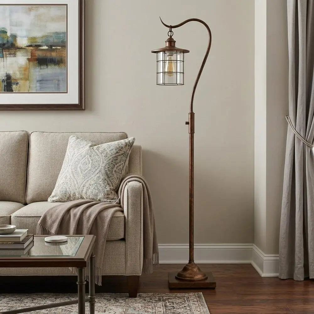 60" Rusted Traditional Shaped Floor Lamp With Rust Transparent Glass Drum Shade HomeRoots