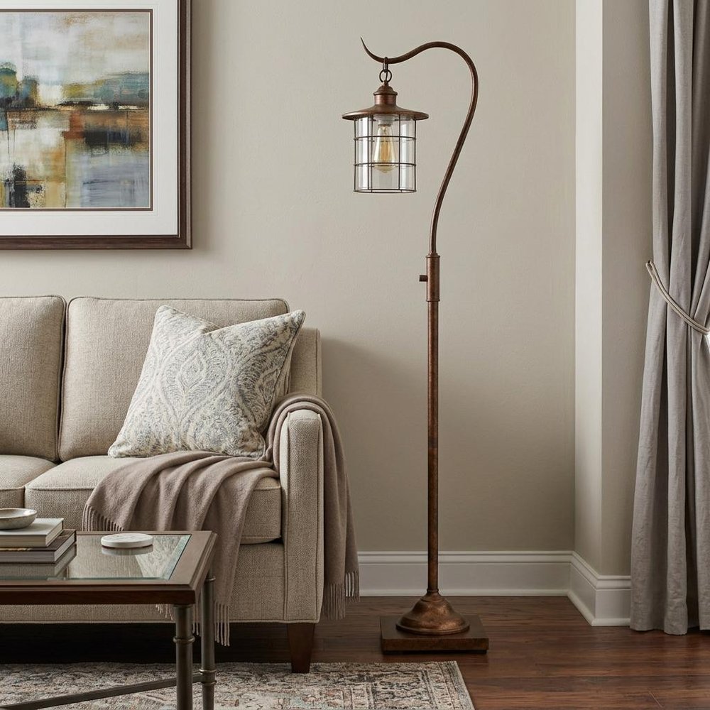 60" Rusted Traditional Shaped Floor Lamp With Rust Transparent Glass Drum Shade HomeRoots