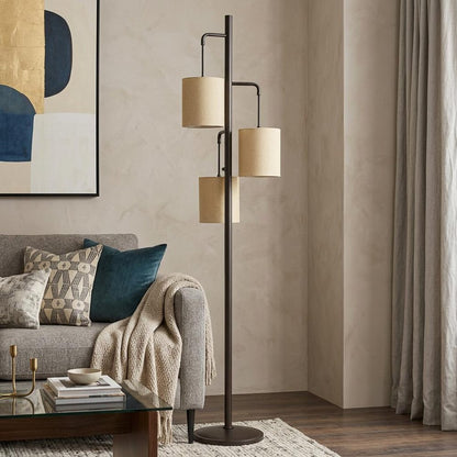 72" Bronze Three Light Traditional Shaped Floor Lamp With Beige Drum Shade HomeRoots