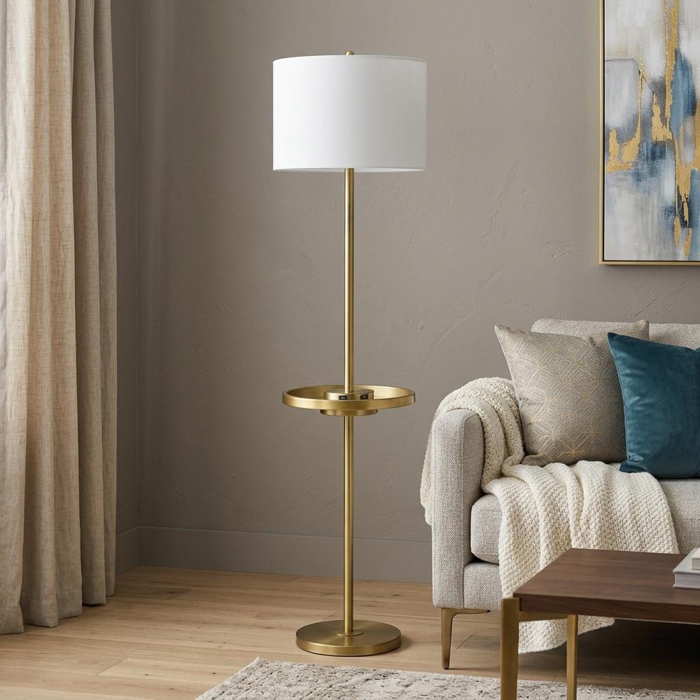 62" Nickel Tray Table Floor Lamp With White Drum Shade HomeRoots